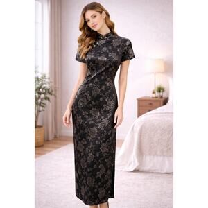 David Warren Vintage Cheongsam Style Black Floral Velvet Burnout Dress Maxi 12